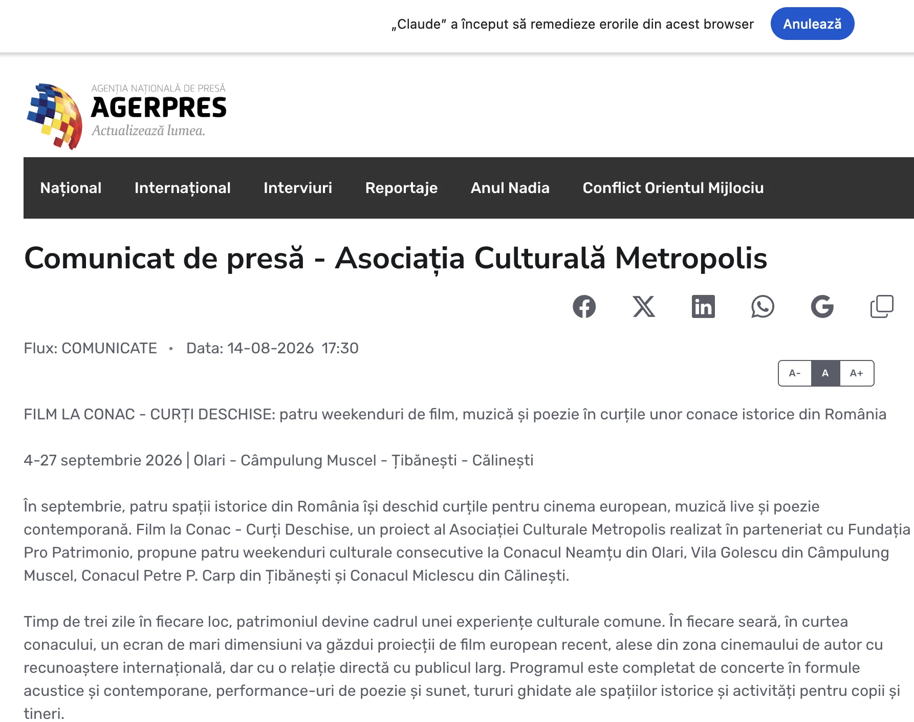 Screenshot articol AGERPRES