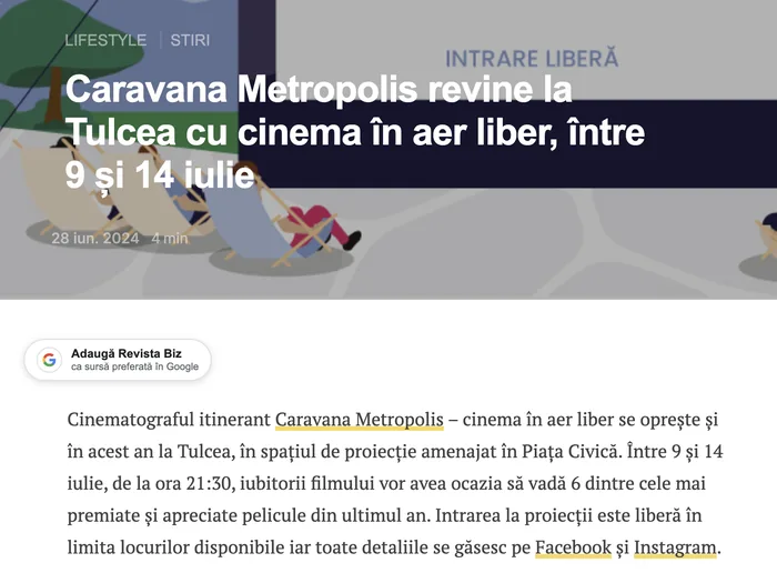Screenshot articol Revista Biz
