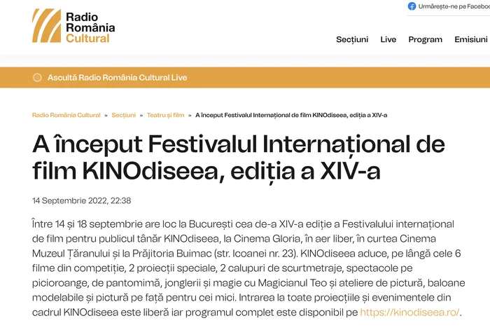 Screenshot articol Radio România Cultural